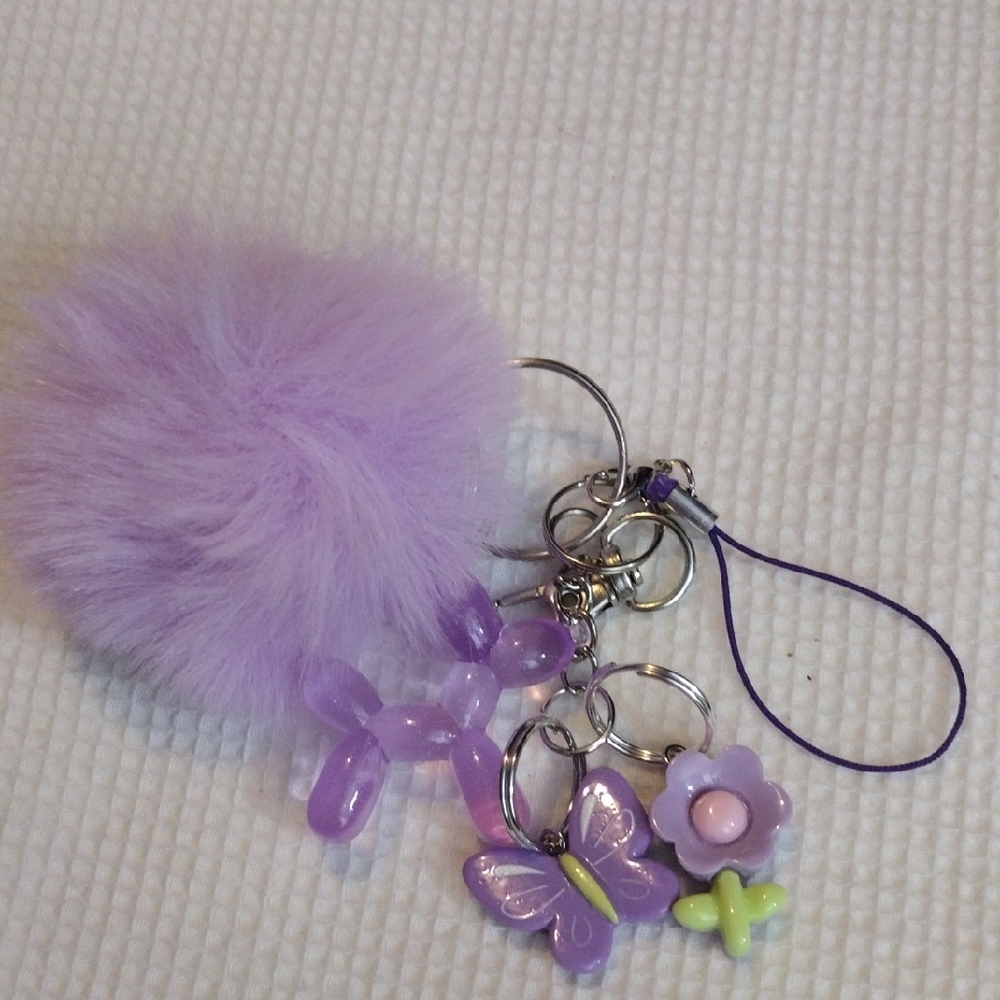 Purple Pom Pom Keychain with Charms